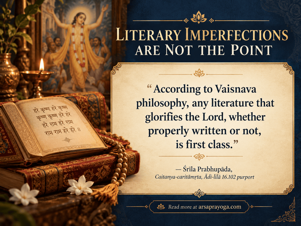 Graphic quoting Srila Prabhupada on devotional literature and literary imperfections