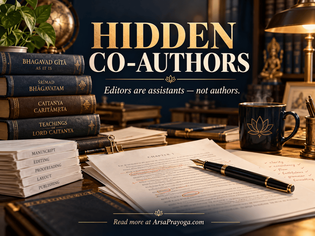 Hidden Co-Authors – Editors are assistants, not authors; editorial illustration of Prabhupada's books and manuscript editing