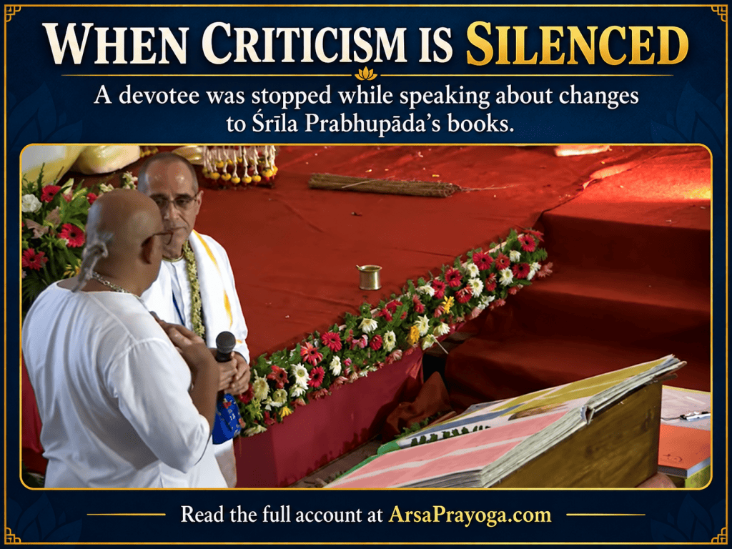 Authentic video still of a devotee being interrupted during a Vyasa-puja offering at ISKCON Mayapur, framed with the words When Criticism Is Silenced
