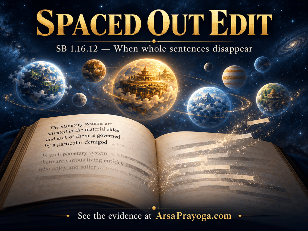 Spaced Out Edit: graphic of planets and an open book illustrating removed sentences from Srimad-Bhagavatam 1.16.12