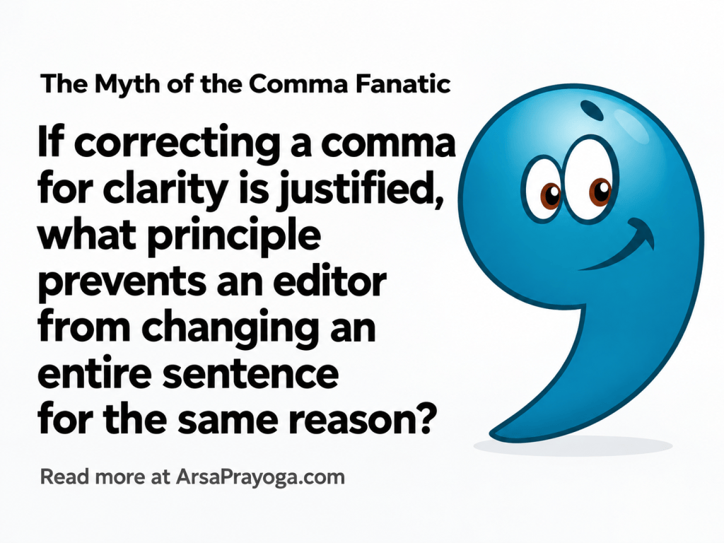 If correcting a comma for clarity is justified, what principle prevents an editor from changing an entire sentence for the same reason?