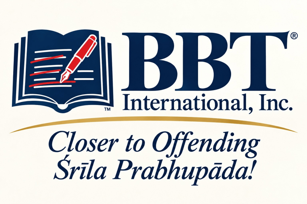 Satirical BBT International logo with a red editing pen and the slogan Closer to Offending Śrīla Prabhupāda