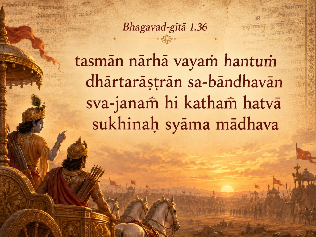 Bhagavad-gītā 1.36 in Roman transliteration over a golden depiction of Kṛṣṇa and Arjuna on the Kurukṣetra battlefield, highlighting sa-bāndhavān.