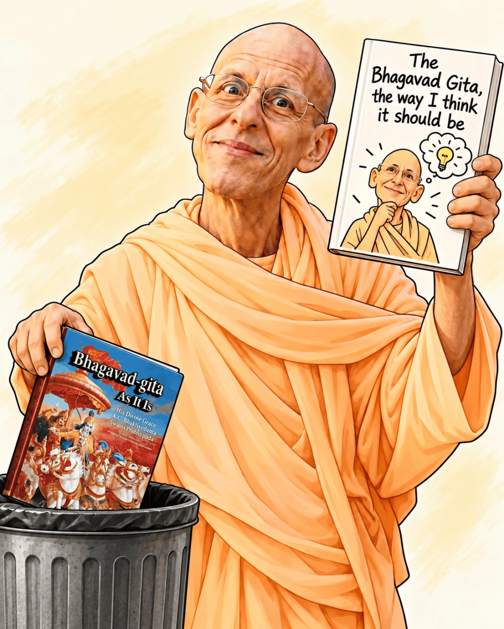 Meme contrasting Bhagavad-gita As It Is with an editor's imagined version