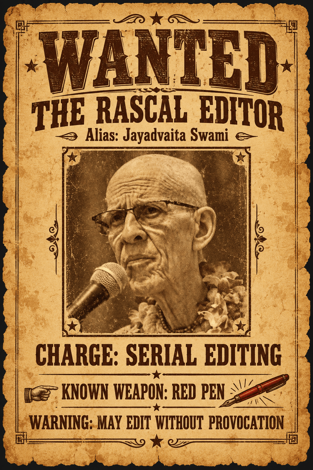 Wanted poster meme about the mischievous editor
