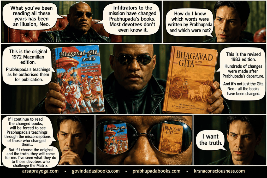 Matrix-themed meme contrasting the original 1972 Bhagavad-gītā As It Is with the revised 1983 edition