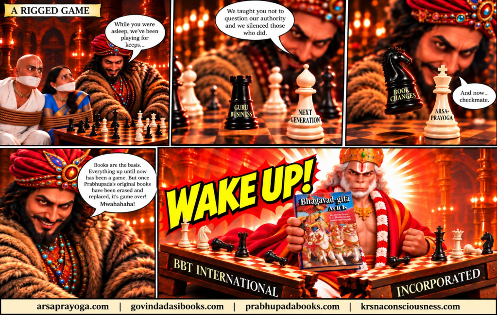 Comic-style chess meme criticizing changes to Śrīla Prabhupāda's books