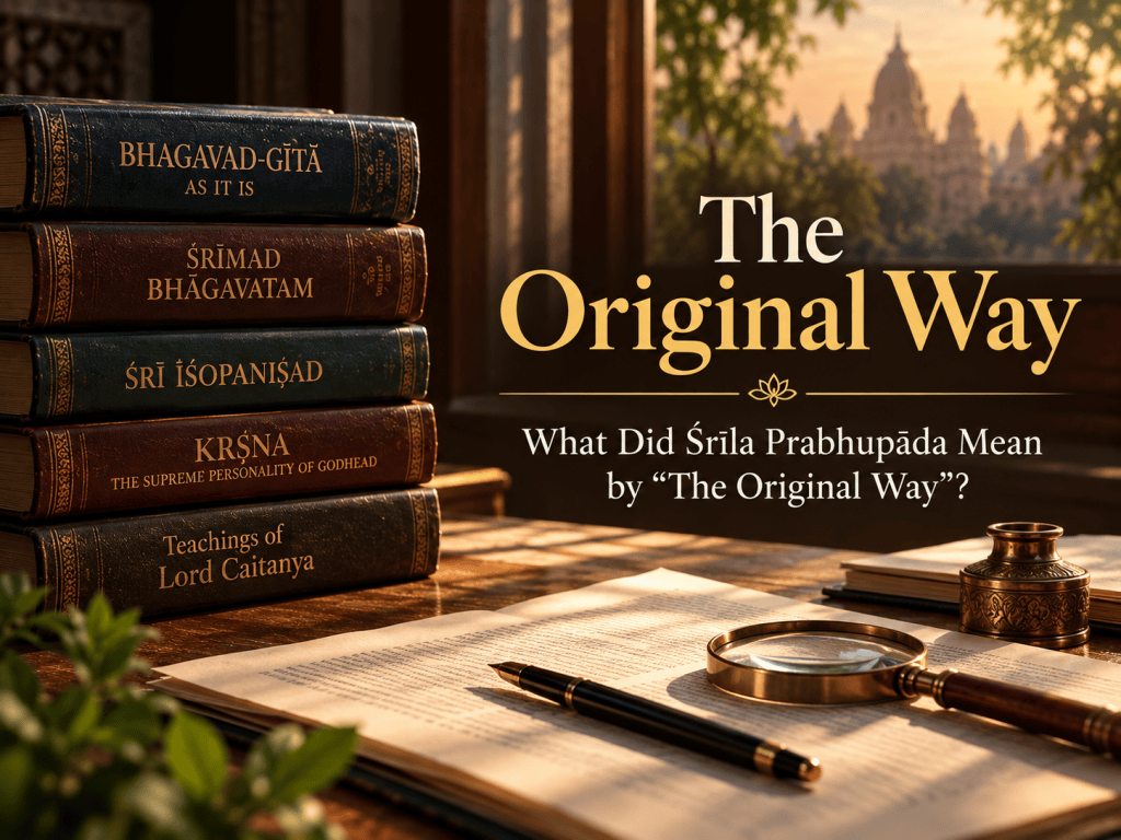 The Original Way: historical books and archival documents with a magnifying glass, representing careful examination of Prabhupāda's instructions.
