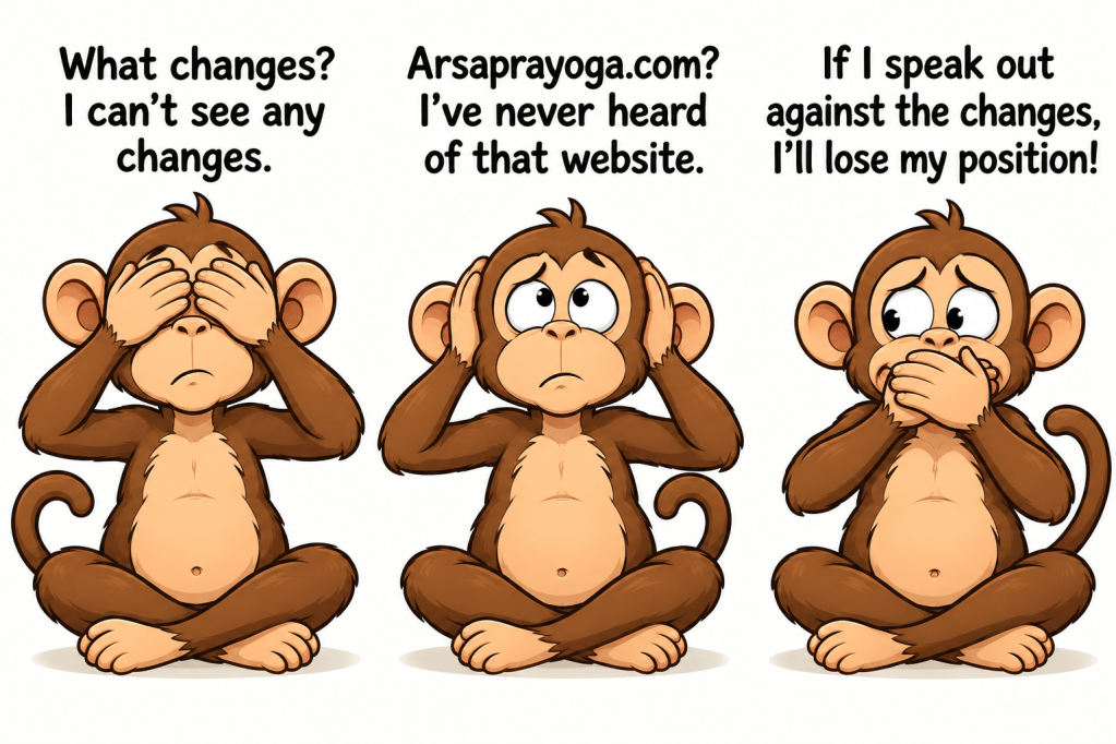 Satirical three monkeys meme about ignoring, not hearing, and not speaking about changes to Śrīla Prabhupāda's books