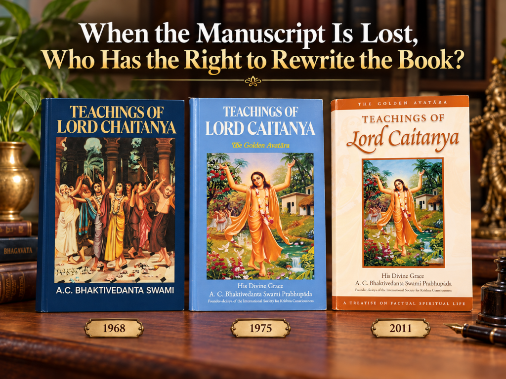 Featured image with the article title and three new-condition book covers of Teachings of Lord Caitanya, 1968, 1975 and 2011